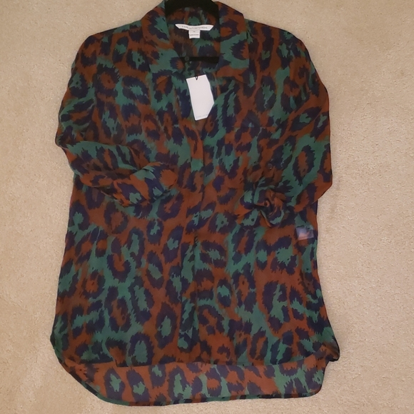 Diane Von Furstenberg Blouse Blue Green & Beige - Picture 3 of 4